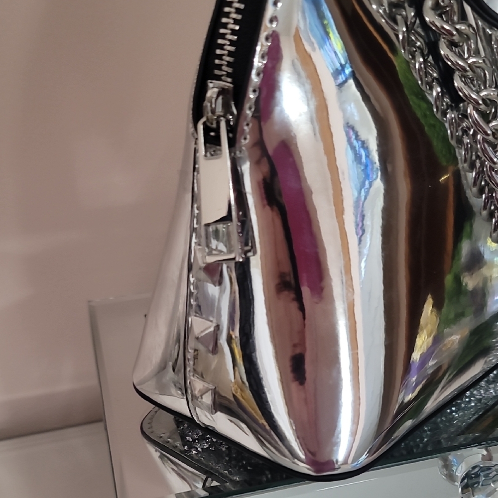 Aldo Shiny Silver Mirror-Effect Chain Handle Crossbody Bag - Picture 3 of 12